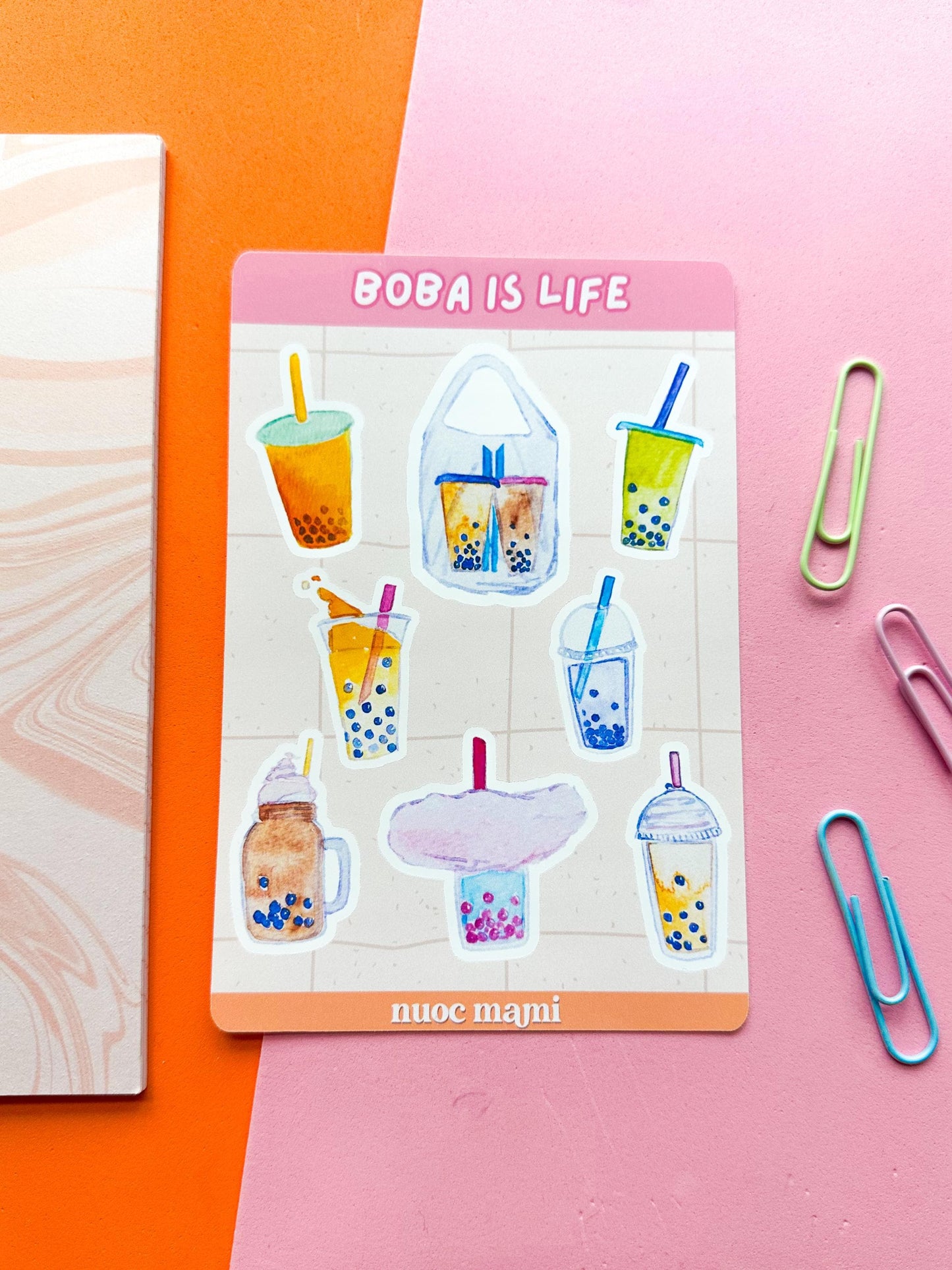 A sticker sheet with various designs of boba bubble tea in different colors and styles