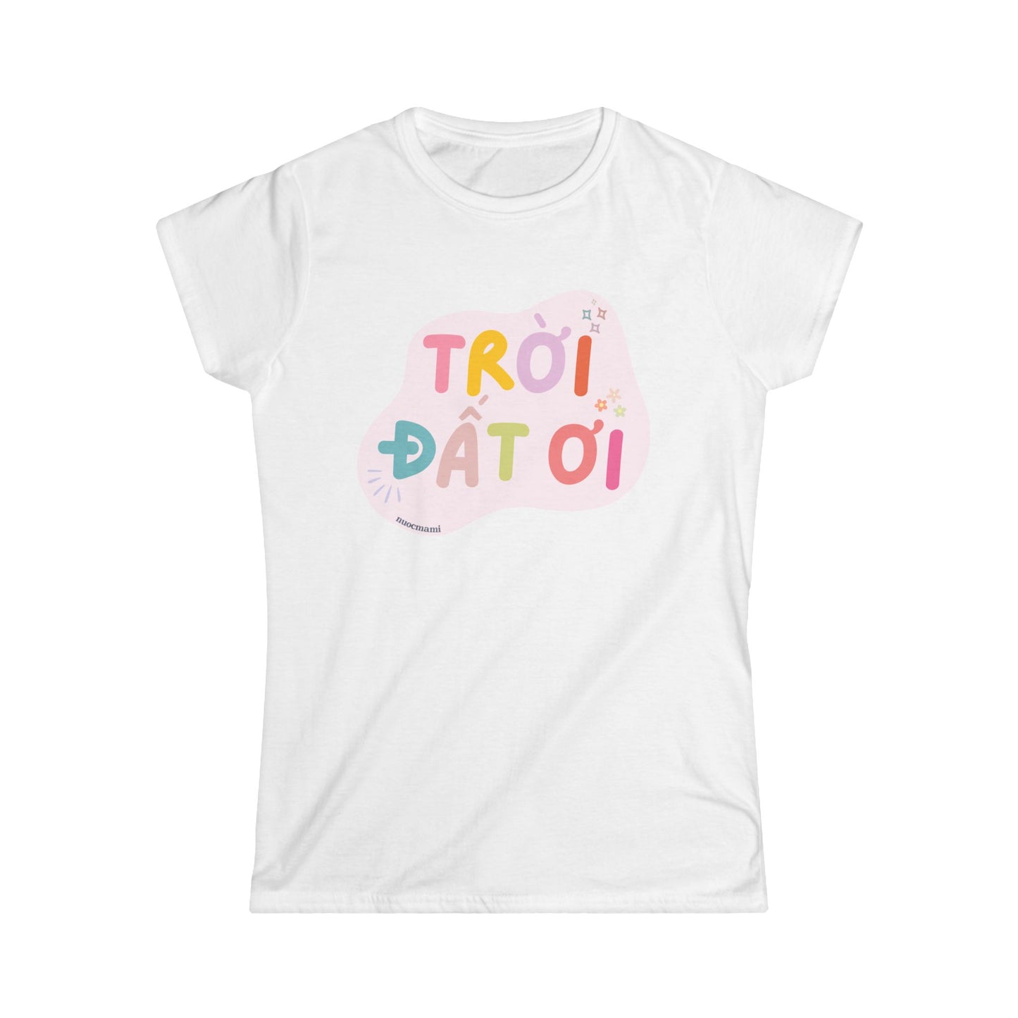White t-shirt with colorful text TROI DAT OI