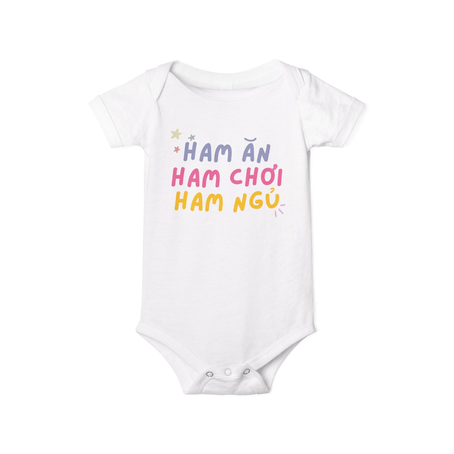 White baby onesie with colorful text Ham An Ham Choi Ham Ngu
