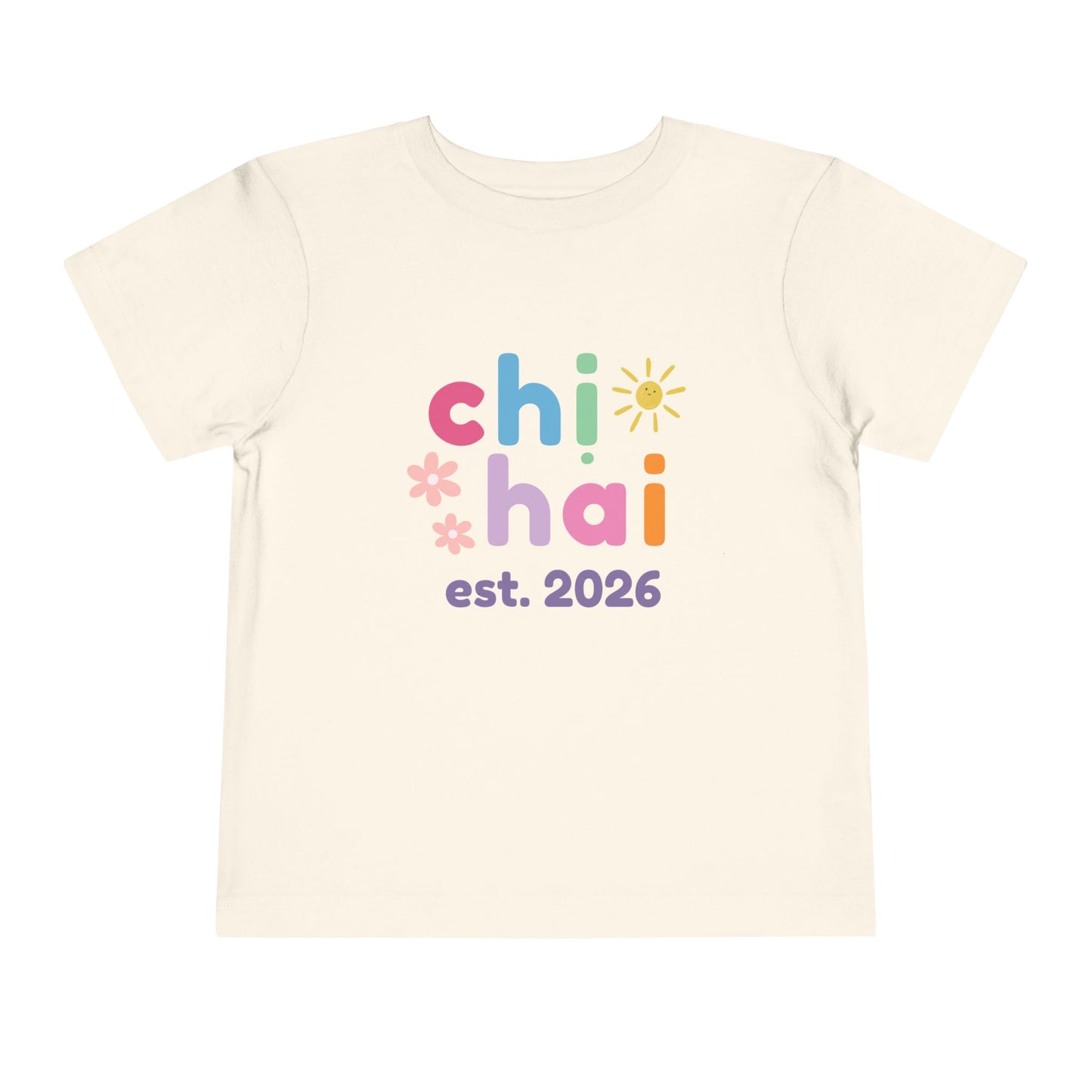 natural color t-shirt with colorful text chi hai est. 2026