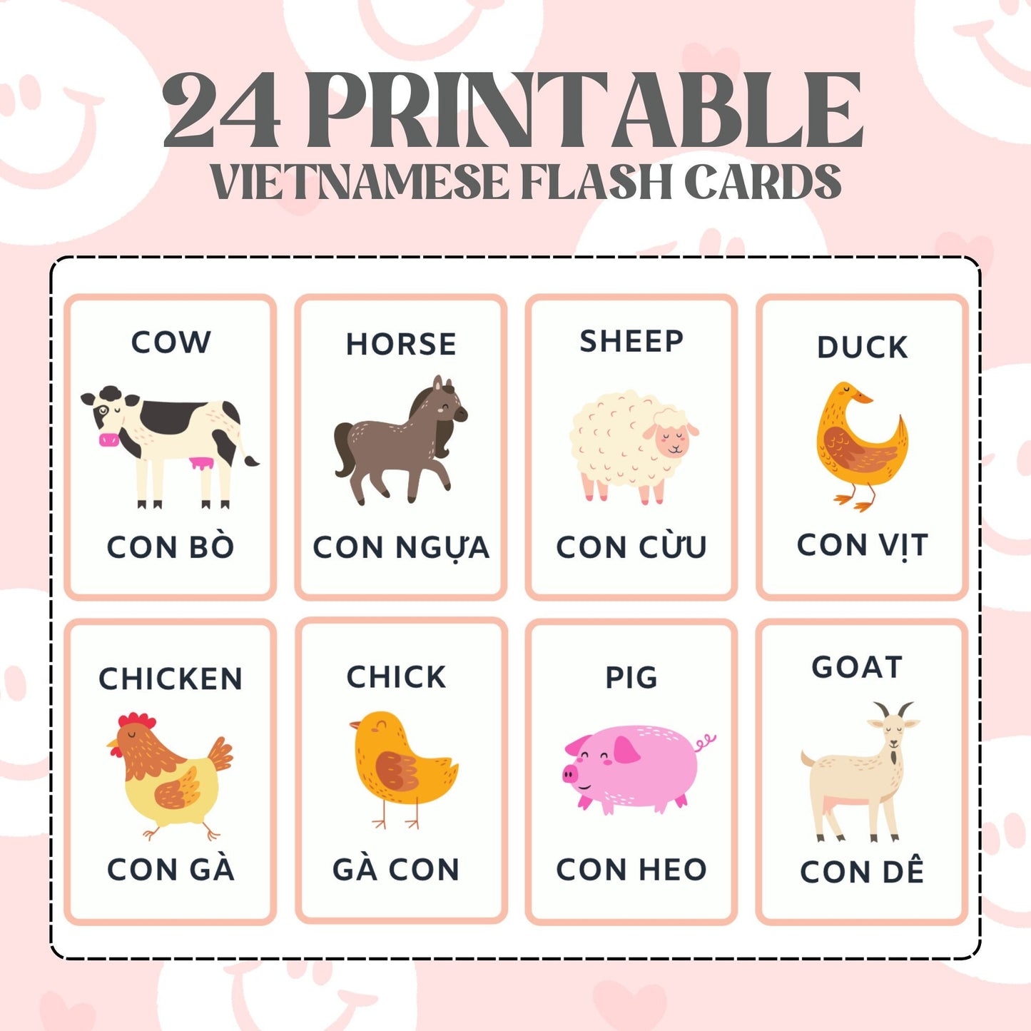 A set of printable flash cards featuring animal illustrations and their names in both English and Vietnamese, such as cow, horse, sheep, duck, chicken, pig, and goat.