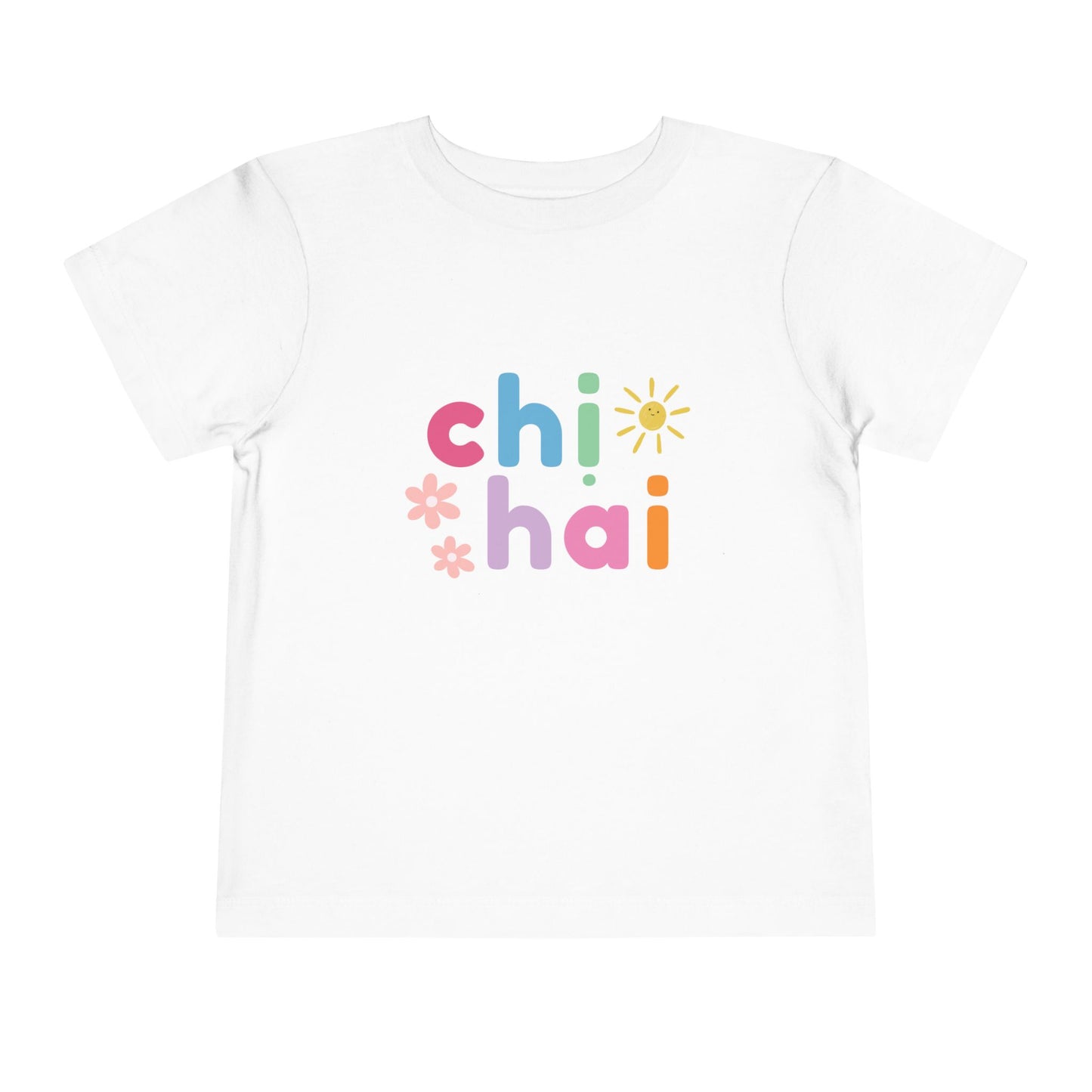 White t-shirt with colorful text chi hai