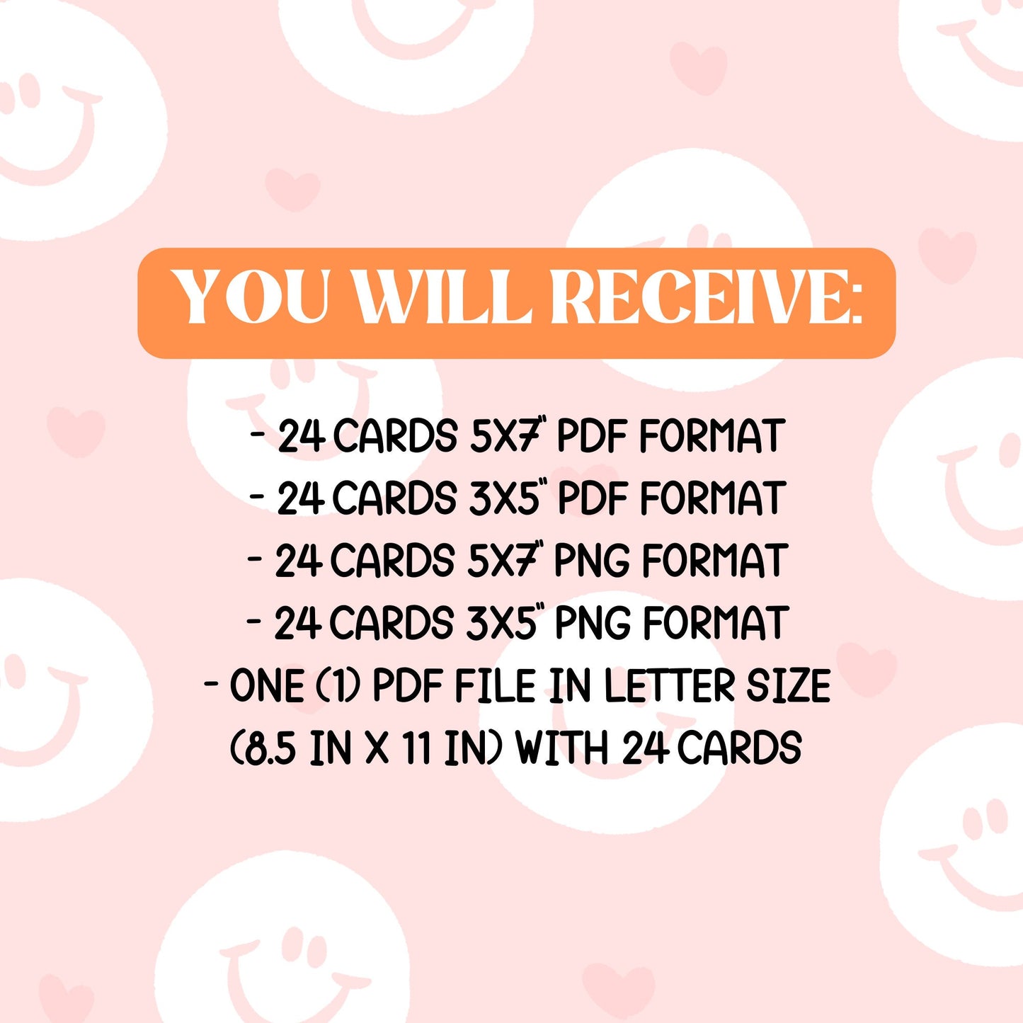 you will receive
-24 cards 5x7'' and 3x5'' in png and pdf format
-1 pdf file in letter size with 24 cards