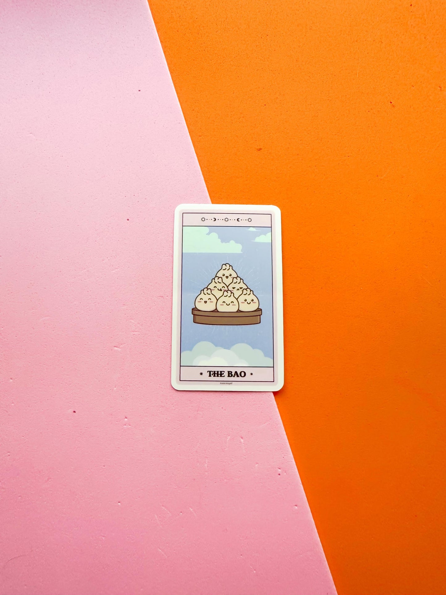A matte premium vinyl sticker representing a tarot card with 'The Bao' title and an image of a dumpling