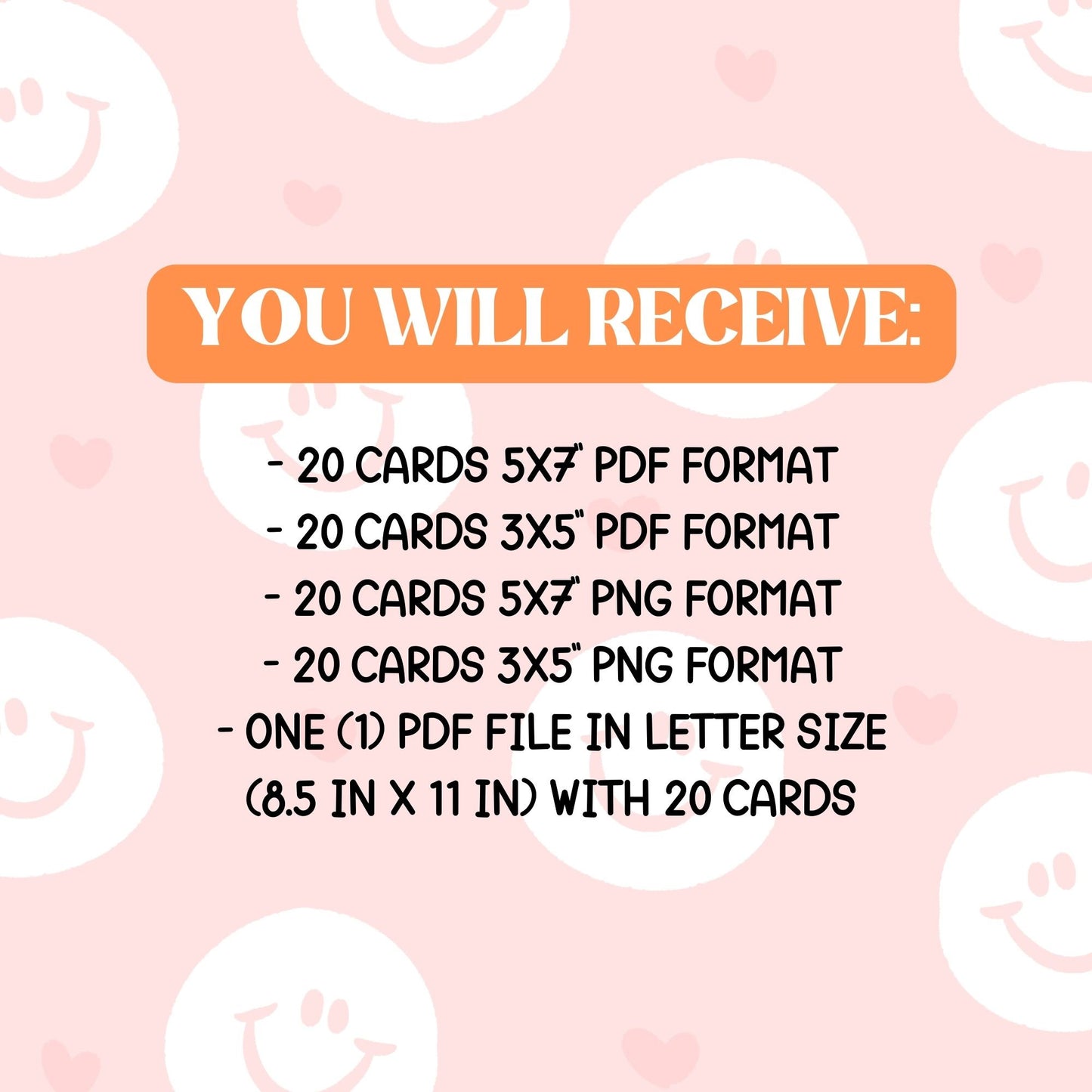 you will receive
-24 cards 5x7'' and 3x5'' in png and pdf format
-1 pdf file in letter size with 24 cards