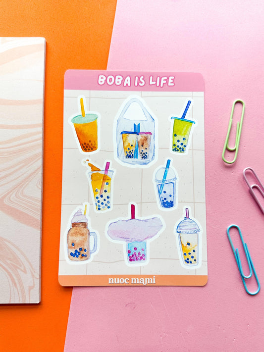 A sticker sheet with various designs of boba bubble tea in different colors and styles