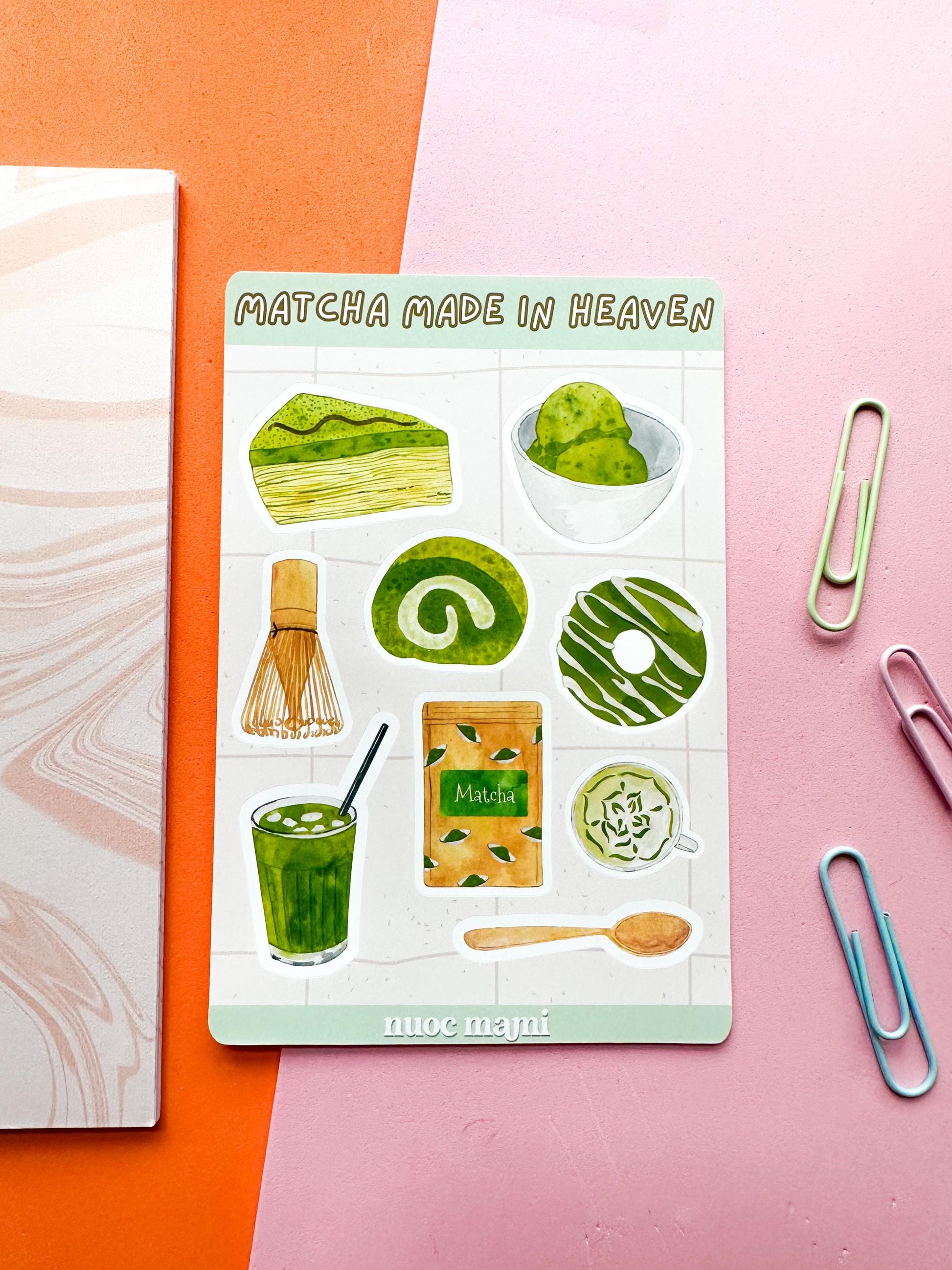 A sticker sheet with various matcha-related illustrations, including matcha drinks, desserts, and sweets