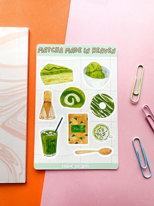 A sticker sheet with various matcha-related illustrations, including matcha drinks, desserts, and sweets