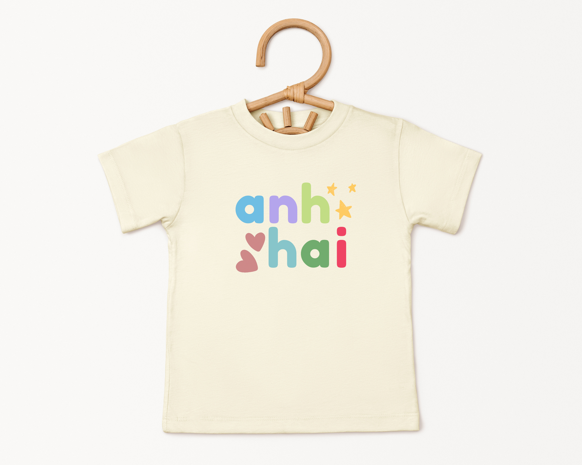 natural color t-shirt with colorful text anh hai
