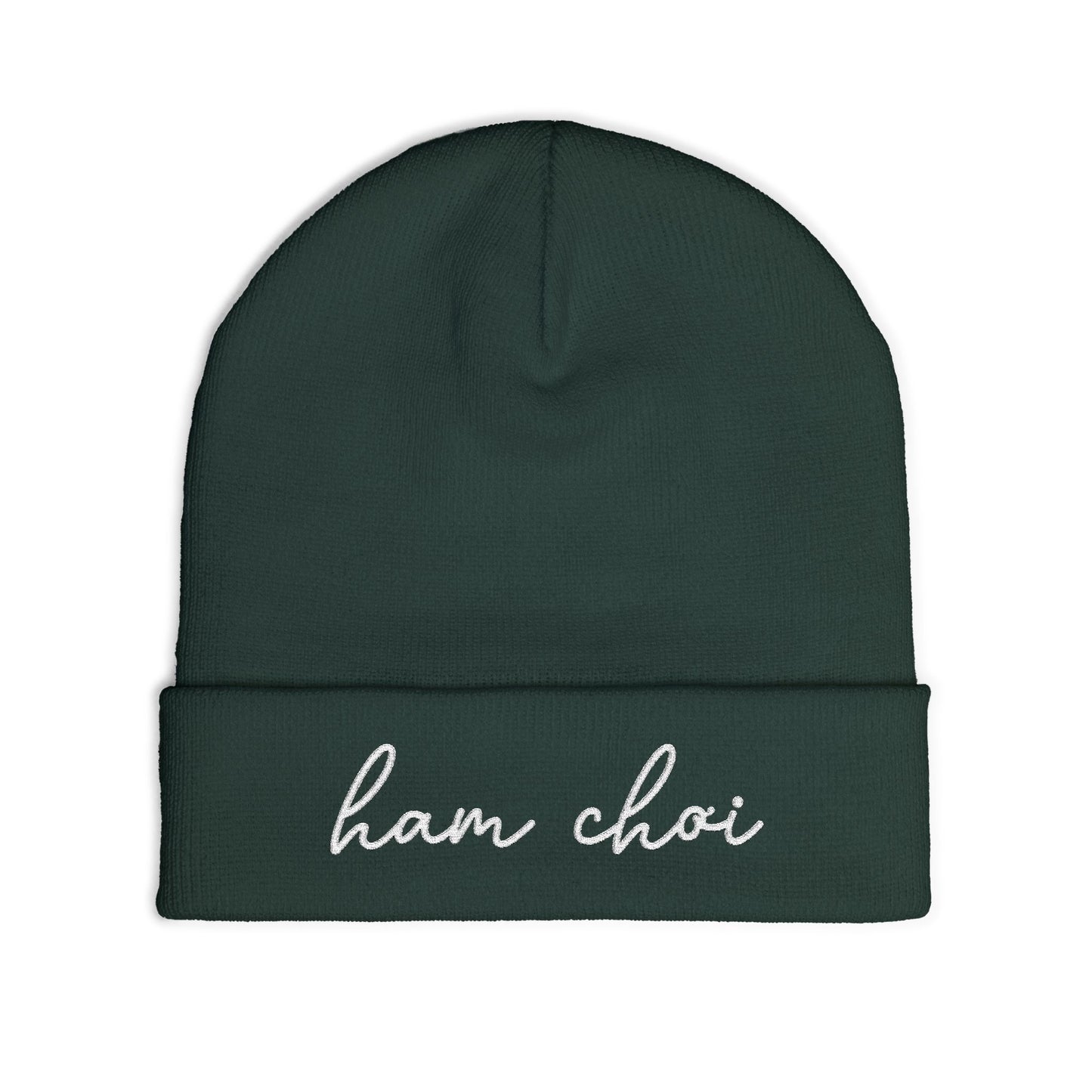 Dark green beanie with 'ham choi' embroidered on a white background