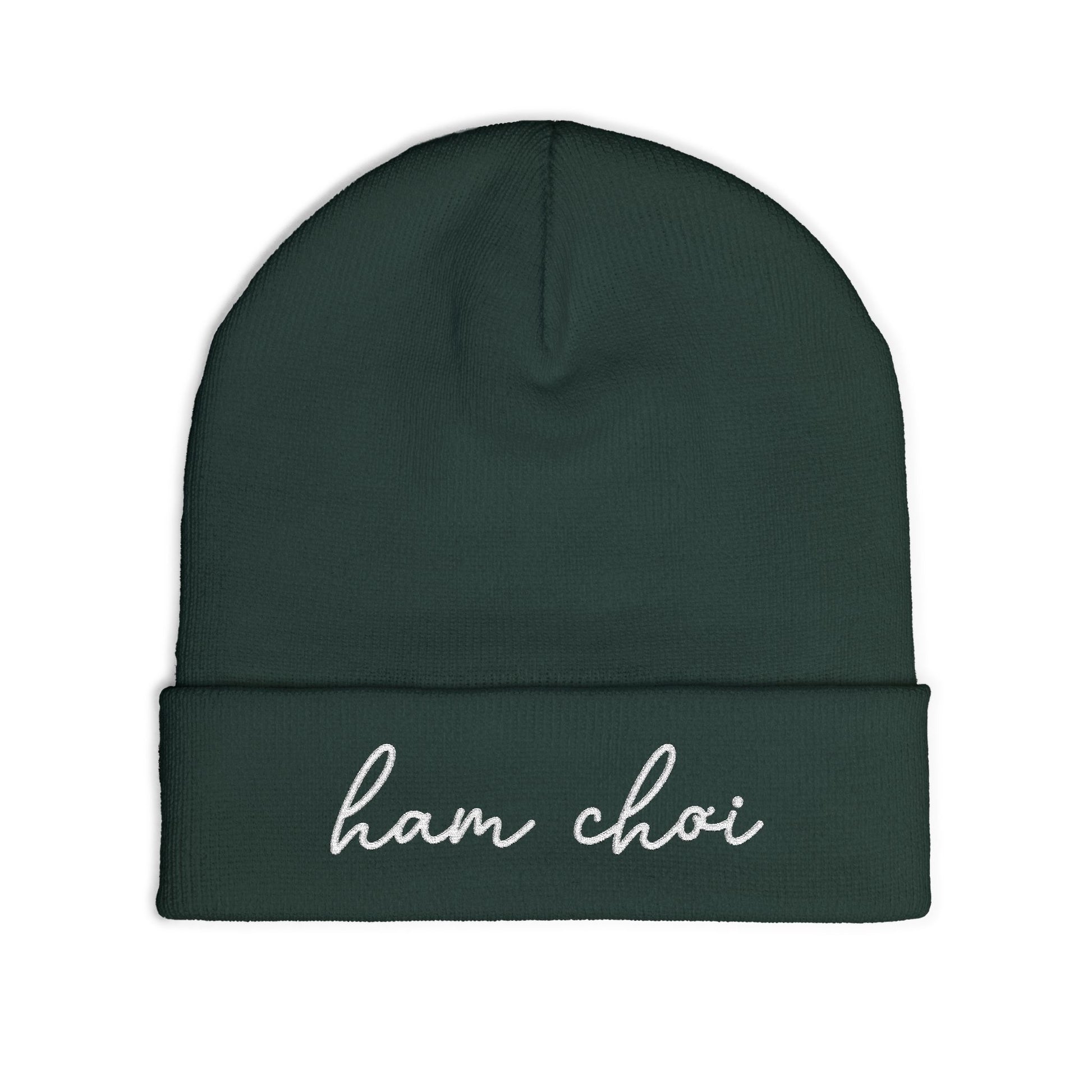 Dark green beanie with 'ham choi' embroidered on a white background