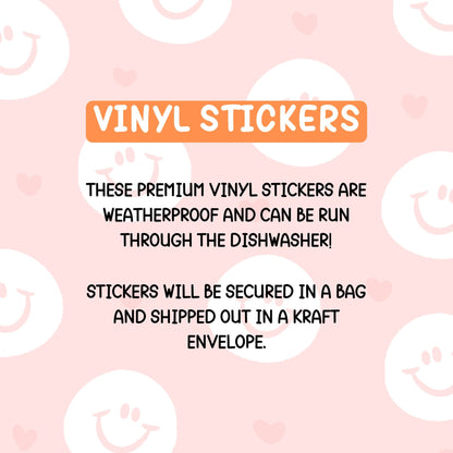 info about vinyl stickers these premium vinyl stickers are waterproof and can be run through the dishwasher. stickers will be secured in a glassine paperbag and shipped out in a kraft envelope. 