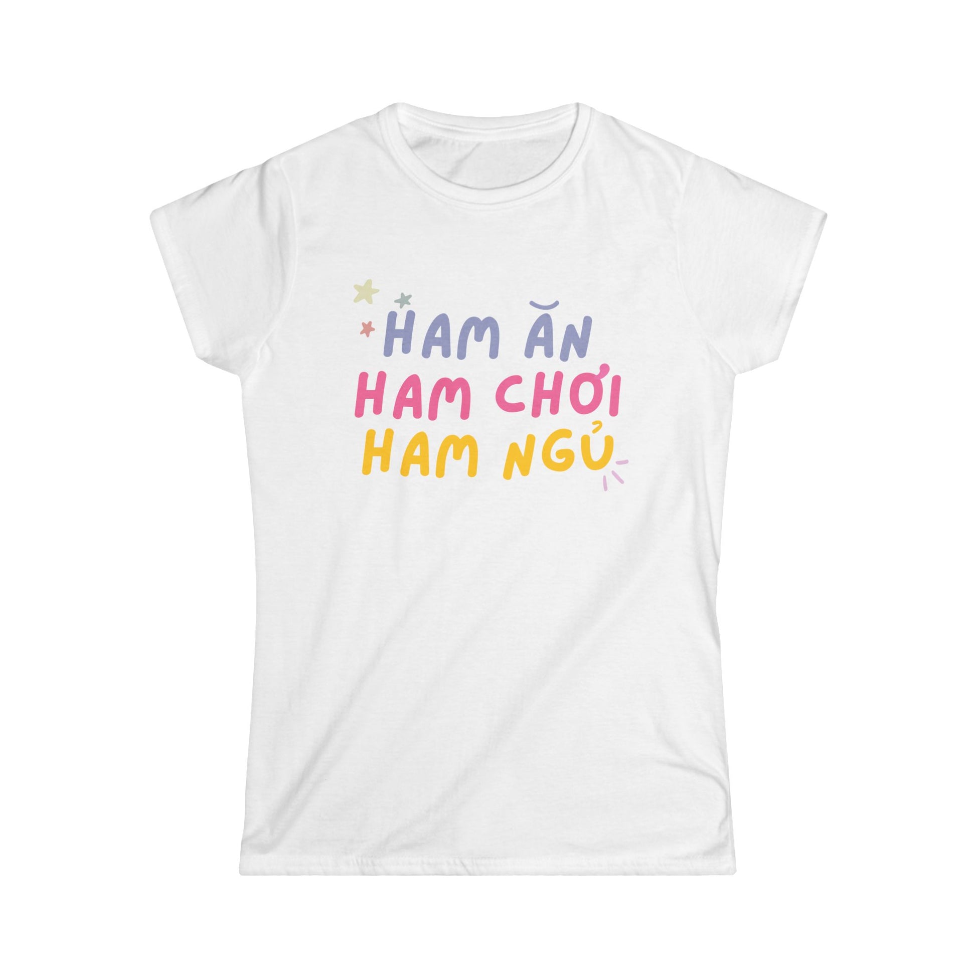 White t-shirt with colorful text ham an, ham choi, ham ngu