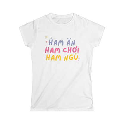 White t-shirt with colorful text ham an, ham choi, ham ngu
