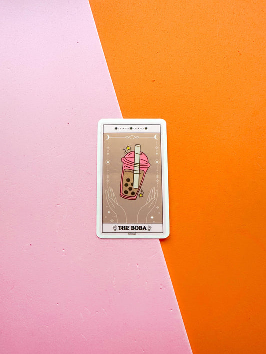 A vinyl sticker representing a tarot card with 'The Boba' title, featuring an illustration of a bubble tea cup,