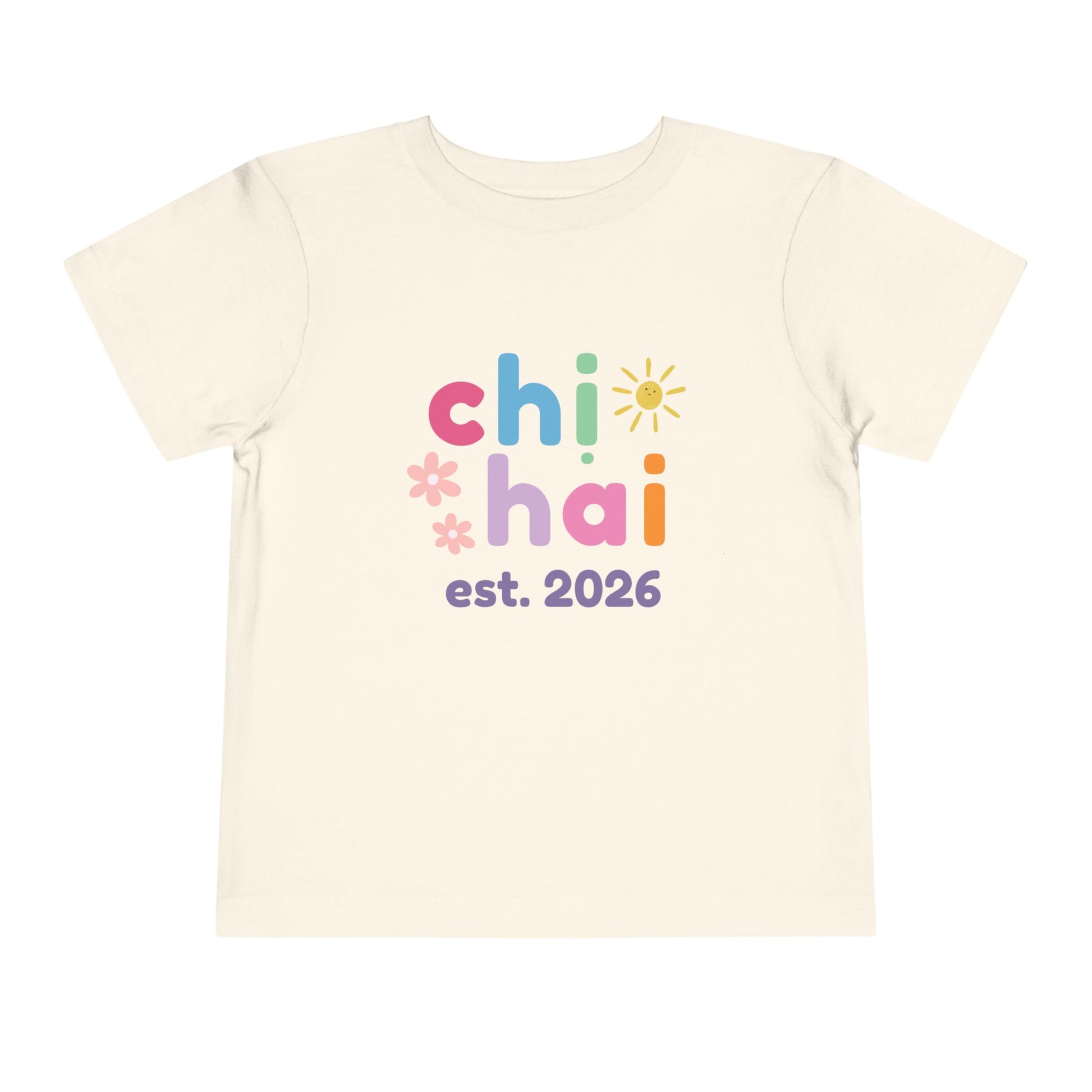 natural color t-shirt with colorful text chi hai est. 2026