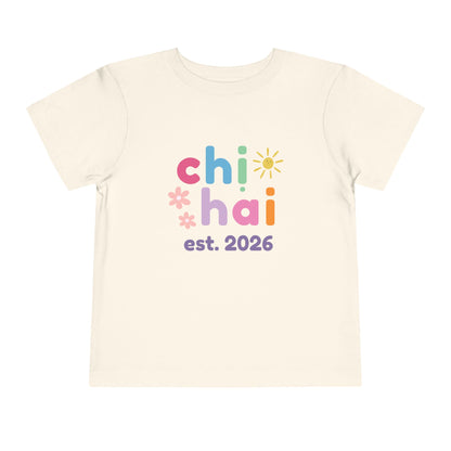 natural color t-shirt with colorful text chi hai est. 2026