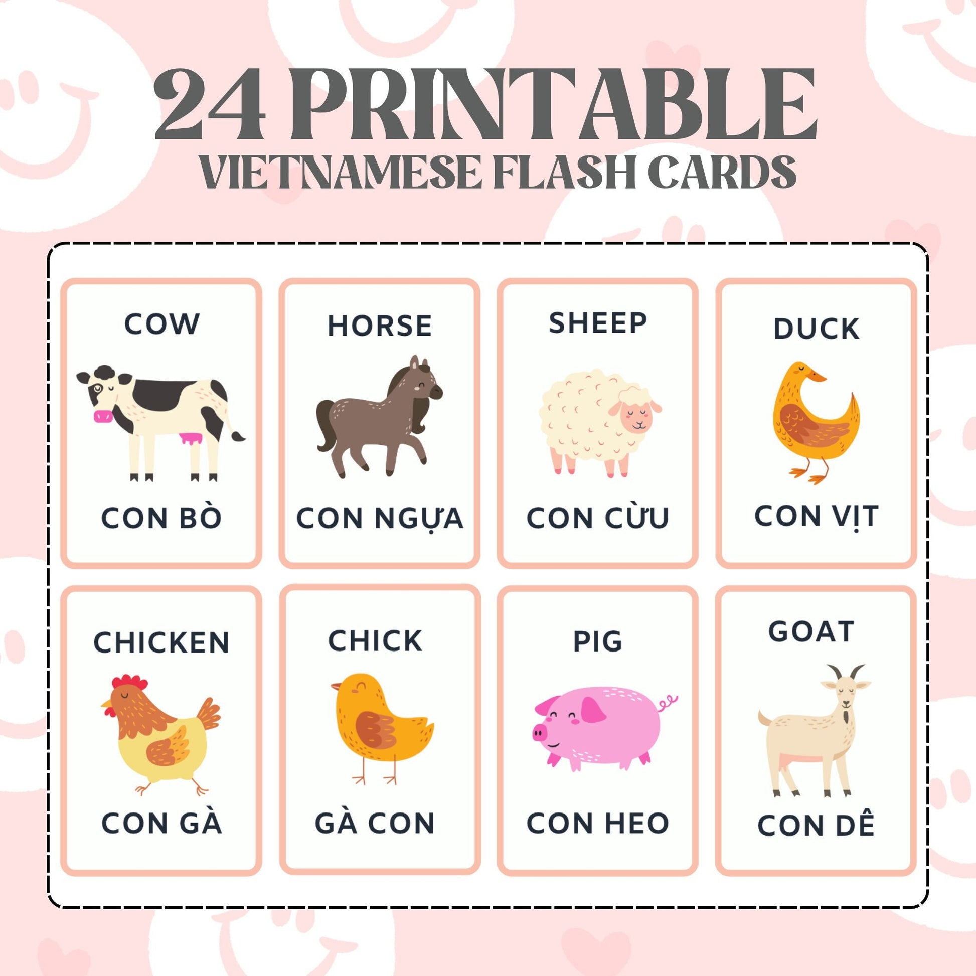A set of printable flash cards featuring animal illustrations and their names in both English and Vietnamese, such as cow, horse, sheep, duck, chicken, pig, and goat.