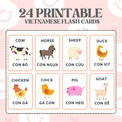 A set of printable flash cards featuring animal illustrations and their names in both English and Vietnamese, such as cow, horse, sheep, duck, chicken, pig, and goat.