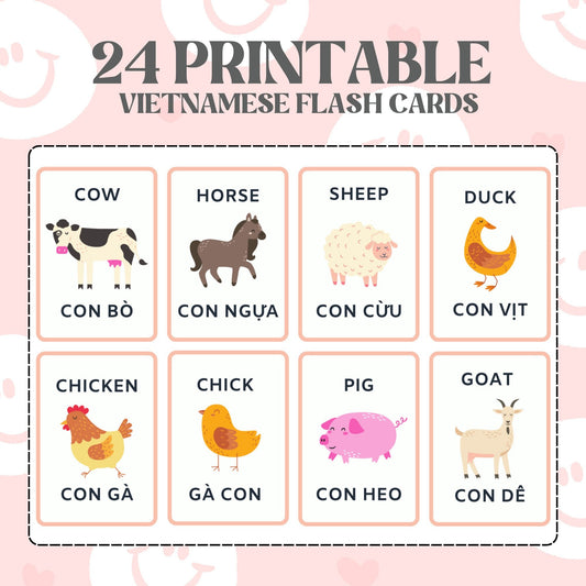 A set of printable flash cards featuring animal illustrations and their names in both English and Vietnamese, such as cow, horse, sheep, duck, chicken, pig, and goat.