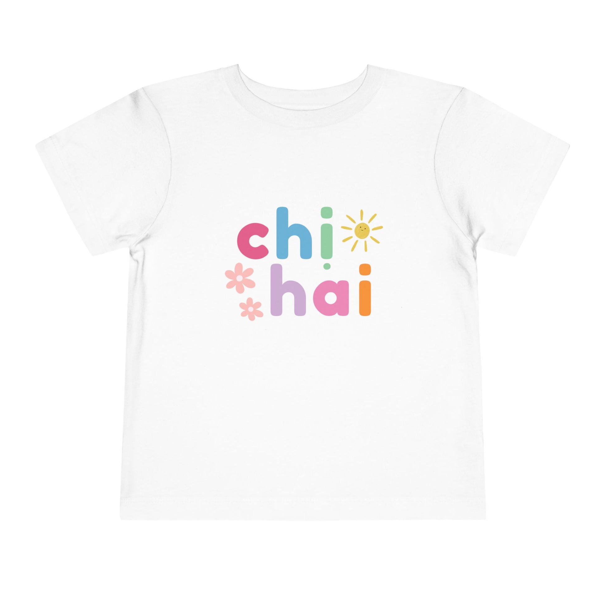 White t-shirt with colorful text chi hai