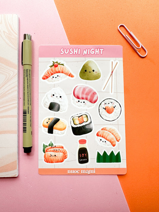 sushi night sticker set featuring different types of sushis with soy sauce