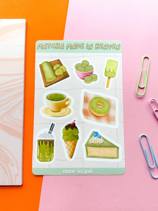 A sticker sheet with various matcha-related stickers, including images of matcha tea, ice cream, and cakes,  