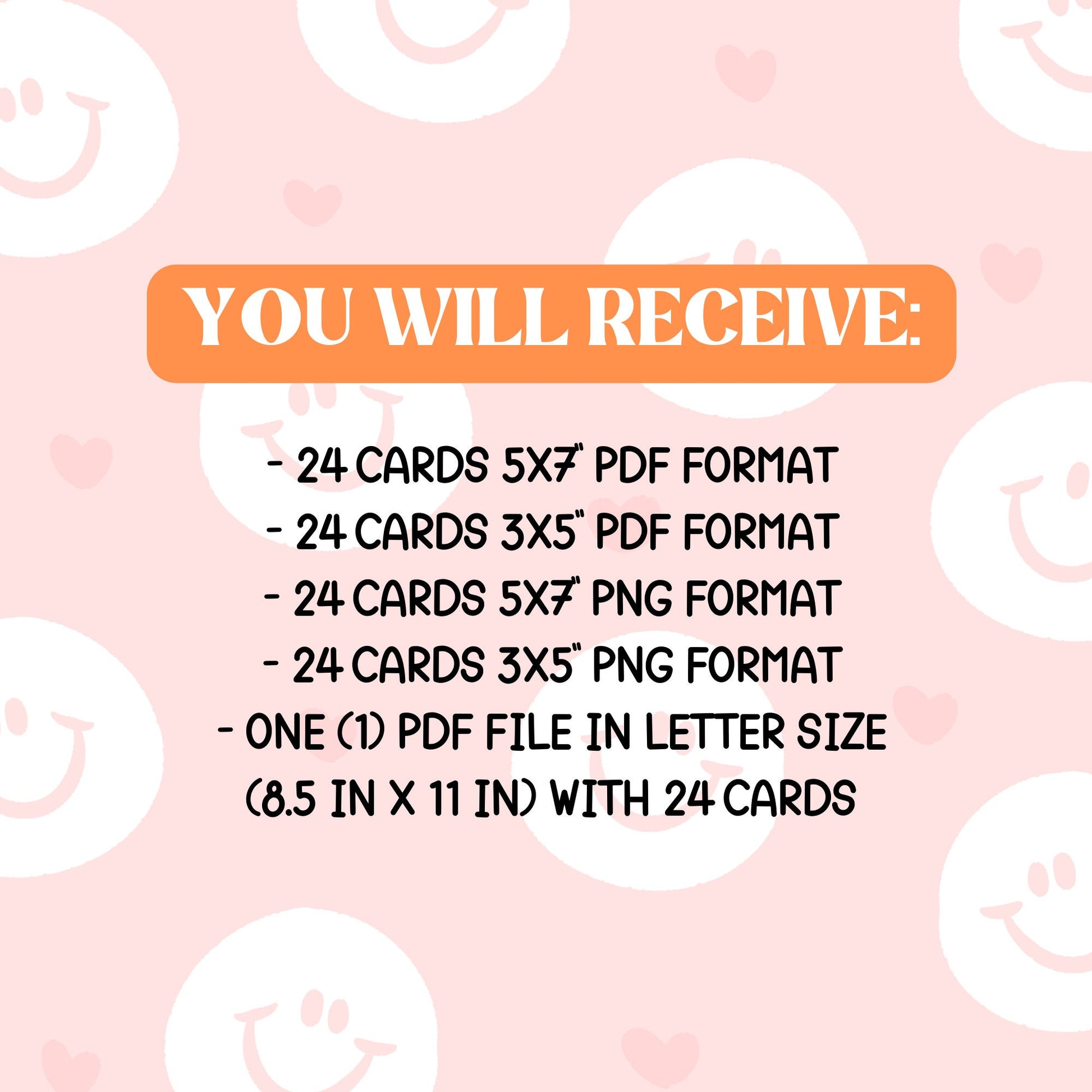 you will receive
-24 cards 5x7'' and 3x5'' in png and pdf format
-1 pdf file in letter size with 24 cards