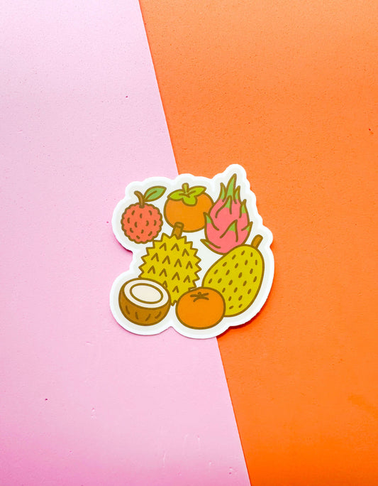 A matte premium vinyl sticker featuring illustrations of Asian fruits such as a dragon fruit, kiwi, and coconut 