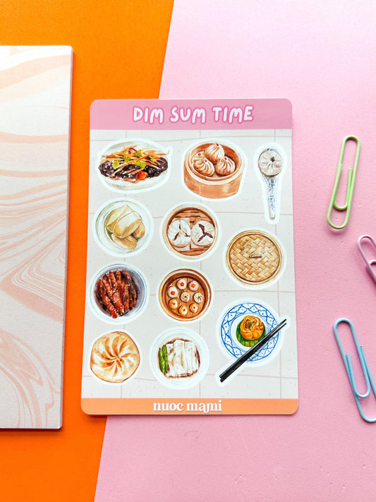 A sticker sheet with various dim sum illustrations displayed The sheet is titled 'Dim Sum Time' 