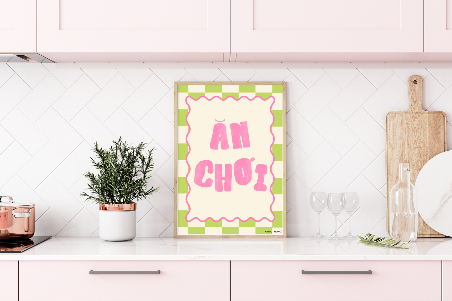 Decorative sign with 'An Choi' text in a kitchen setting