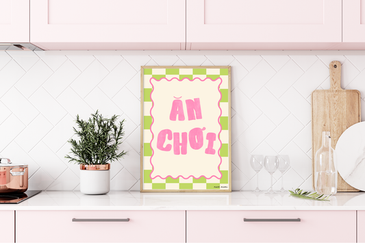 Decorative sign with 'An Choi' text in a kitchen setting