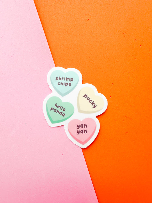 Heart-shaped stickers with text shrimp chips, pocky, hekka panda, yan yan