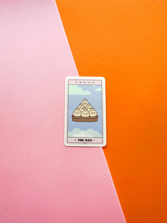 A matte premium vinyl sticker representing a tarot card with 'The Bao' title and an image of a dumpling  