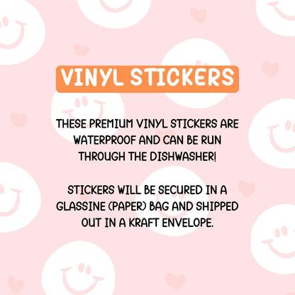 info about vinyl stickers these premium vinyl stickers are waterproof and can be run through the dishwasher. stickers will be secured in a glassine paperbag and shipped out in a kraft envelope. 