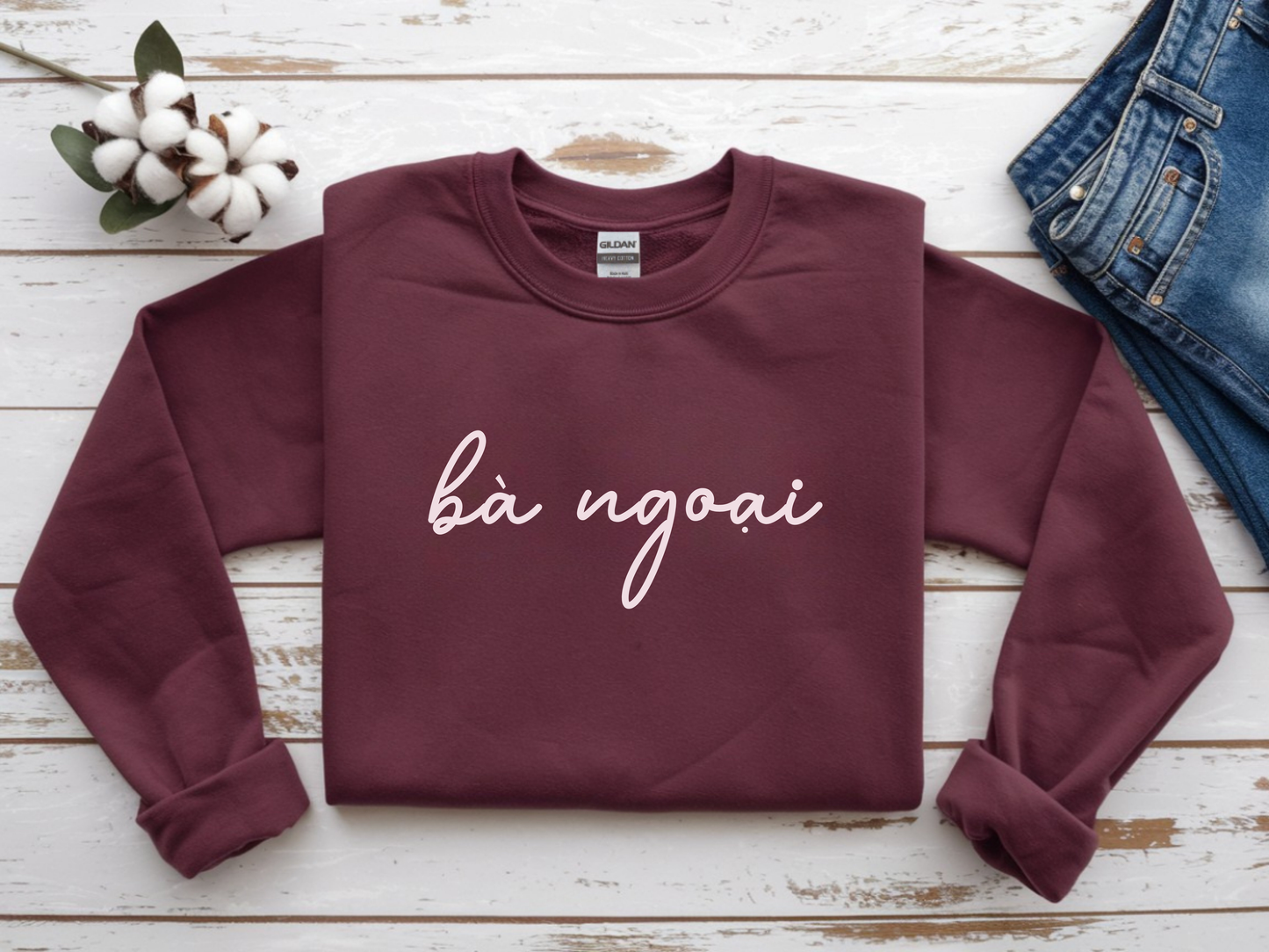 Ba Ngoai Embroidered Crewneck Pullover Sweatshirt