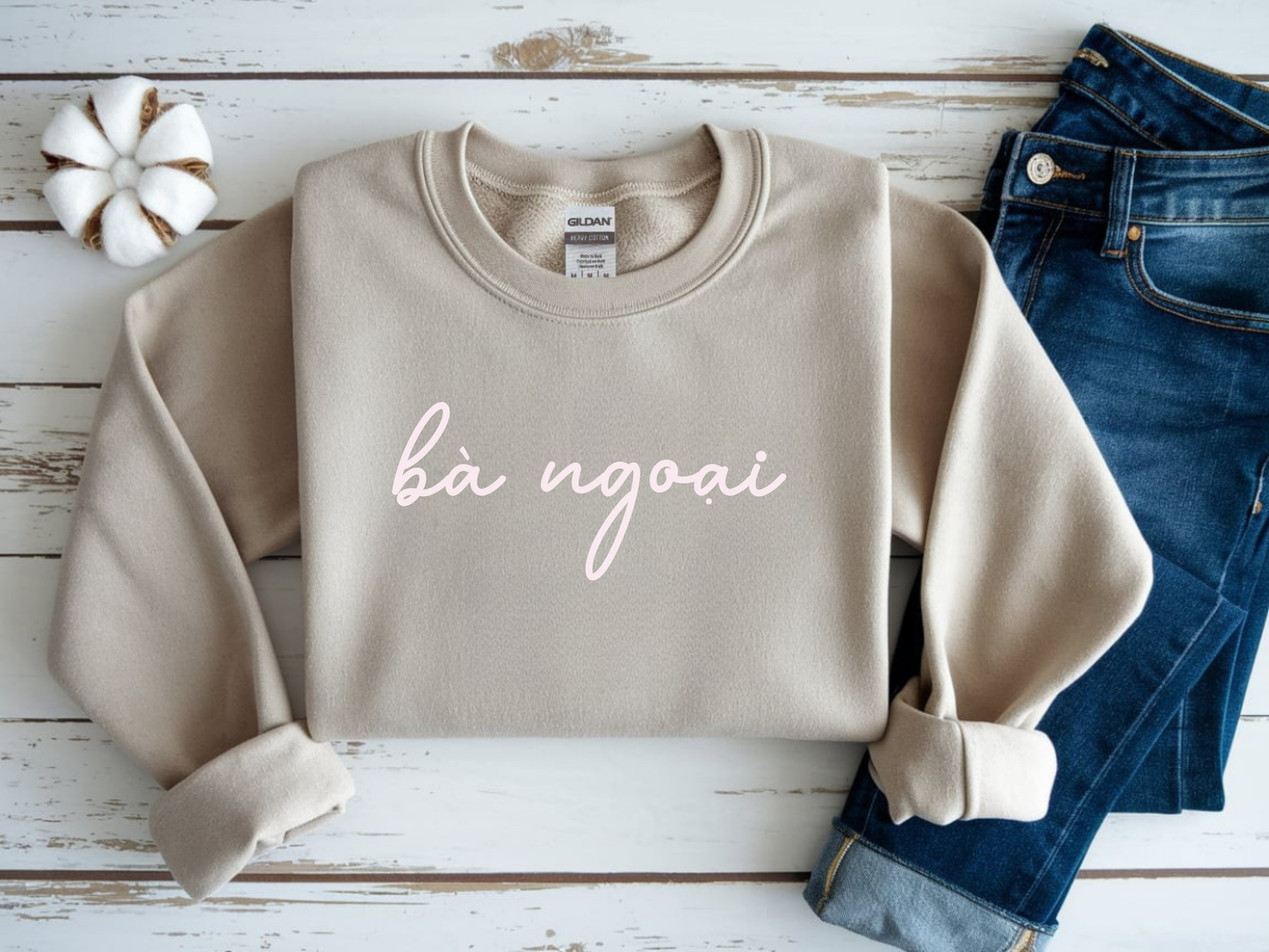 Ba Ngoai Embroidered Crewneck Pullover Sweatshirt