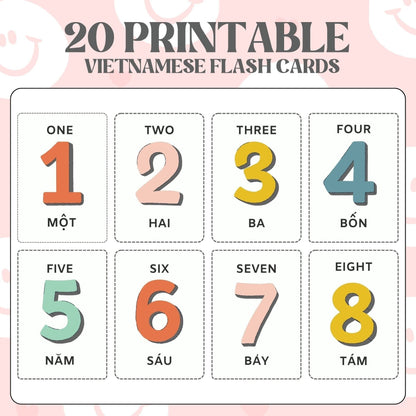 A set of printable flash cards displaying numbers from 1 to 8 in both English and Vietnamese,  