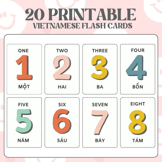 Printable Vietnamese Flash Cards Numbers 1-20 — DIGITAL DOWNLOAD