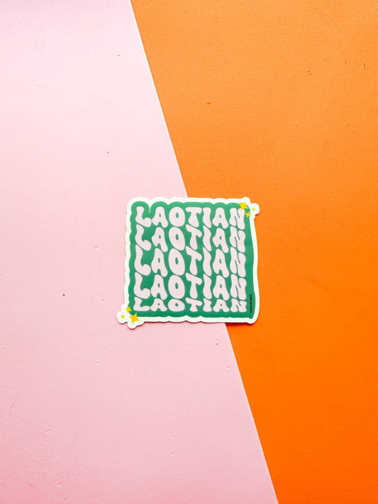 A green vinyl sticker with the text 'LAOTIAN'  