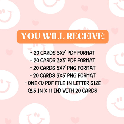 you will receive
-24 cards 5x7'' and 3x5'' in png and pdf format
-1 pdf file in letter size with 24 cards
